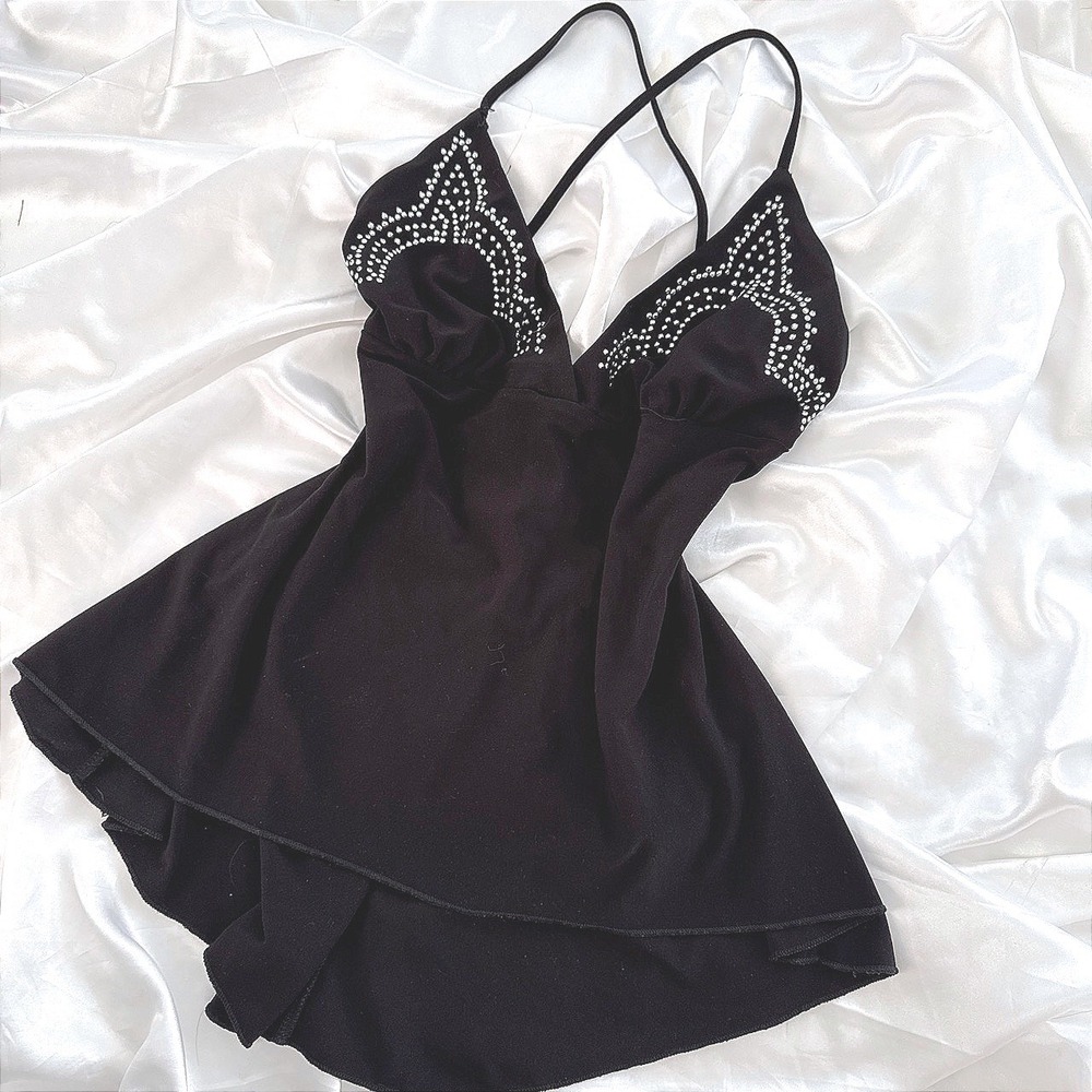 Voila Black Rhinestone Embellished Cami Top Y2K Cross Back Small